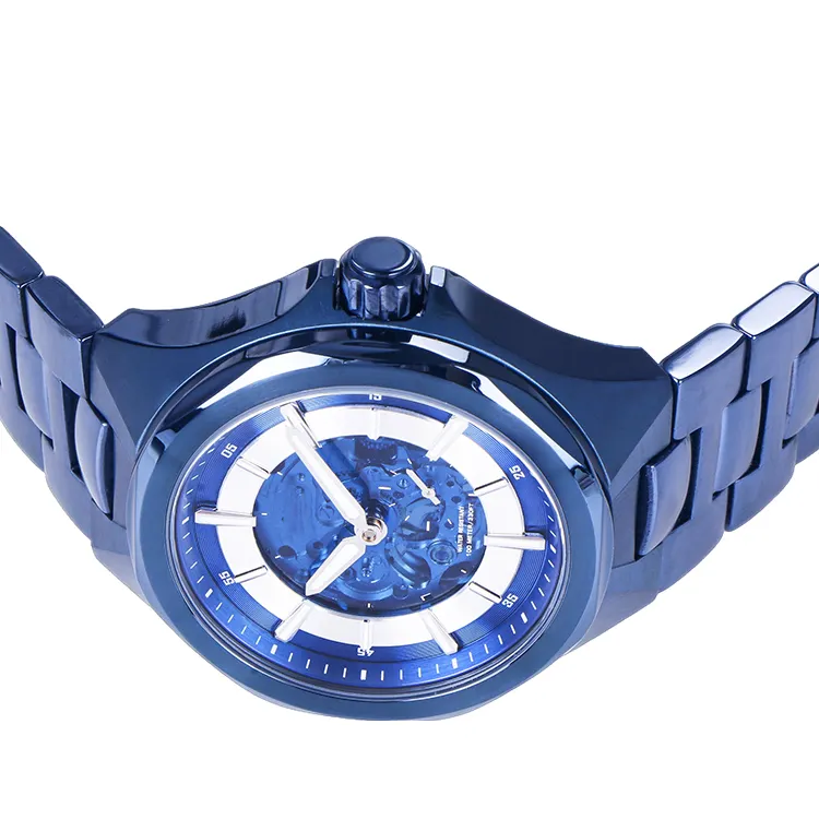 Nuovo orologio blu automatico da uomo in acciaio inossidabile con quadrante vedo-attraverso orologio personalizzato con logo orologio personalizzato