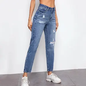 Casual High Waist Women Jeans Wholesale Boyfriend Jeans Denim Jeans Custom Casual For Women Ripped High Waist Woman OEM Service Solid Straight Knitted Support