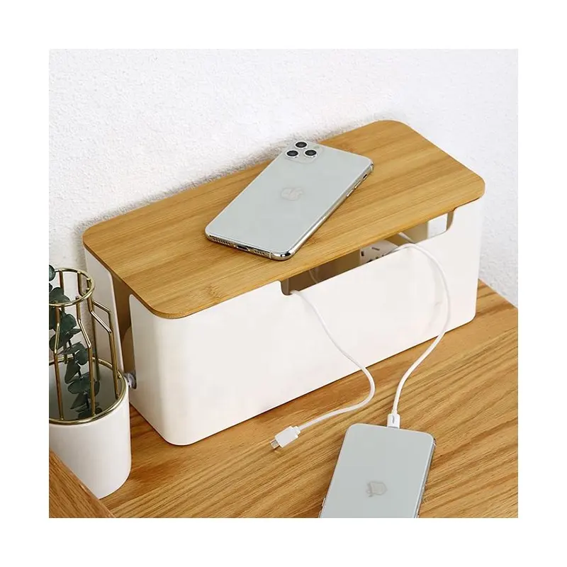 ホームオフィスコードオーガナイザーボックススペース調節可能なケーブル管理ボックス竹カバー付きの白いプラスチックケーブル管理ボックス