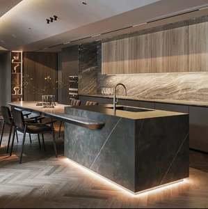 Armoires de cuisine modulaires modernes sur mesure, prêtes à assembler, en contreplaqué, avec éclairage LED intégré, robinet, couleur personnalisée - Product Image 3