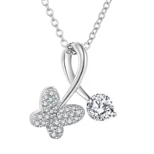 Wholesale Fashion Oem Odm Rhodium Plated 925 Sterling Silver Romantic Gifts Blinged Iced Out Butterfly Heart Pendant Necklace