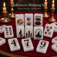 En stock : Ensemble de Mahjong américain gothique Halloween Corbeau Citrouille avec tuiles en acrylique marbré perlé (152/160 pièces) et boîte de rangement