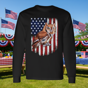 Maglietta a maniche lunghe con bandiera americana Eastern Screech Owl, design del 4 luglio - Product Image 3
