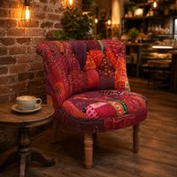 Fauteuil d'appoint bohème en patchwork Kantha fait main, canapé individuel en tissu de coton avec pieds en bois, logo personnalisé, vente en gros