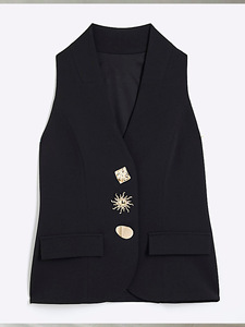 ชุดเสื้อกั๊กแขนกุดสีดำของผู้หญิง, ชุด2ชิ้นเสื้อสูททางการขากว้างแฟชั่น - Product Image 5