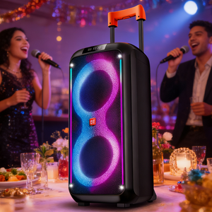 Enceinte portable double 8 pouces avec trolley, spectacle de lumière RGB, microphone sans fil, Bluetooth, FM, USB - Product Image 6