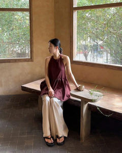 Conjunto de Pantalones y Top Halter con Peplum, Manga Larga, Dos Piezas, Mezcla de Algodón Sólido, Tejido, Corte Regular, Transpirable, Fácil de Usar - Product Image 4