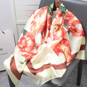 Square Satin Silk Floral Scarf & Handkerchiefs 130*130 Thailand Silk Hair Head Woman Scarves Style Printed Square Scarf