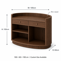 Comptoir de réception incurvé en noyer, comptoir de caisse en bois de noyer avec deux tiroirs et rangement ouvert, OEM ODM, taille personnalisée