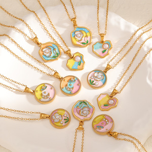 Collier de style peinture à l'huile florale, plaqué or 18 carats, pendentif en alliage de zinc, chaîne, bijou cadeau - Product Image 1