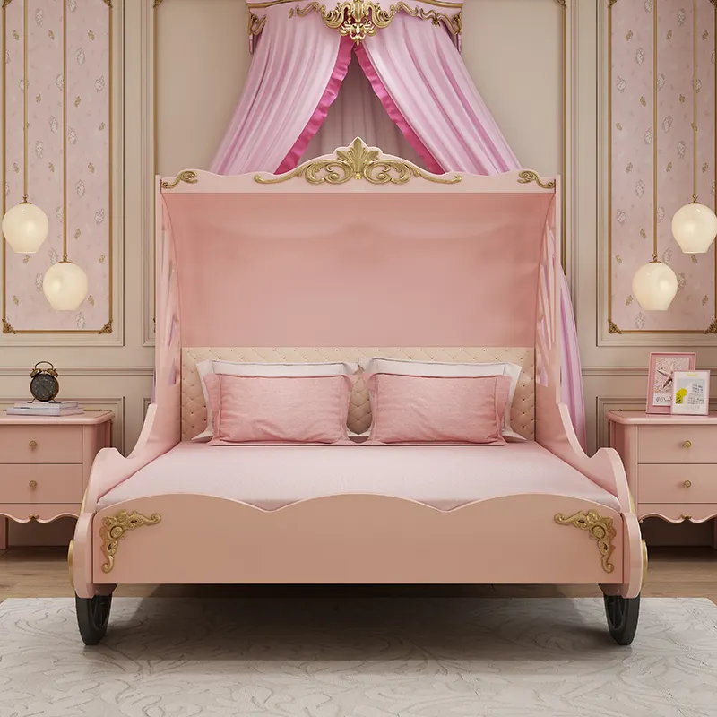 European style Solid Wood girls princess bed pink 120cm kids single bed girl queen size beds for kids