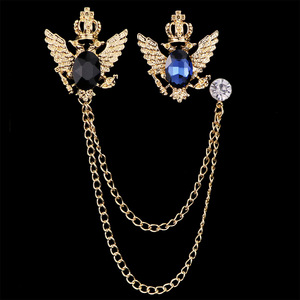 Broche vintage Couronne Aigle en cristal noir, clou d'oreille en strass, épingle de revers à double chaîne à pampilles, accessoire pour costume homme et gentleman - Product Image 6