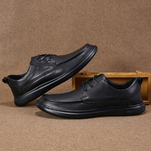 Chaussures habillées en cuir véritable pour hommes, à bout rond, à lacets, respirantes, pour le bureau, toutes saisons, noires unies, décontractées, pour le travail - Product Image 3