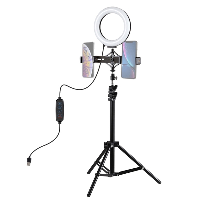 Puluz PKT3036 1.1m Tripod + Dual Phone Holder for Live Streaming + 6.2" (16cm) LED Ring Vlogging Light Kit