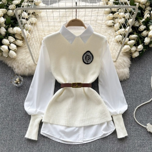 Conjunto de Dos Piezas para <span class=keywords><strong>Mujer</strong></span>, Otoño 2024, <span class=keywords><strong>Chaleco</strong></span> de Punto sin Mangas, <span class=keywords><strong>Camisa</strong></span> <span class=keywords><strong>Blanca</strong></span> de Manga Larga - Product Image 3