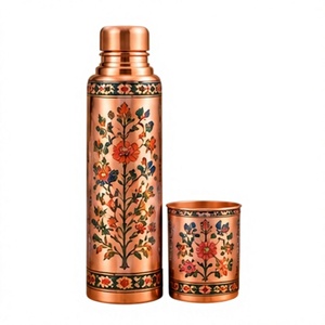Handmade Copper Water <b>Bottle</b> and Cup Set with Lid Floral Pattern Portable Travel <b>Thermos</b> Drinkware - Product Image 1