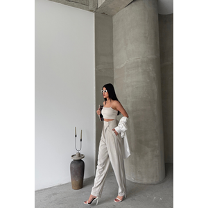 Pantalones Beige de Diseñador para Mujer, Casuales, de Pierna Ancha, Cintura Media, Formales de Oficina, con Rayas Decorativas, Color Suave, Talla XL, Corte Holgado para Verano - Product Image 2