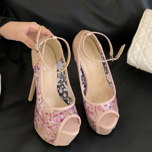 Zapatos de tacón alto y fino con plataforma gruesa y punta abierta para mujer, sandalias de fiesta sexys con hebillas en el tobillo, estilo floral de PVC para bailarinas de club - Product Image 3