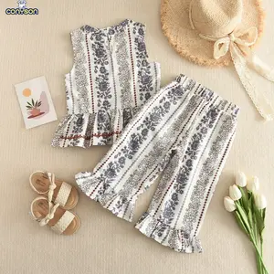 Conyson Korean hot sale Children Clothing 2024 Summer Girls Suit Vest Pants Two-piece Children's Seaside Holiday Exotic Suit