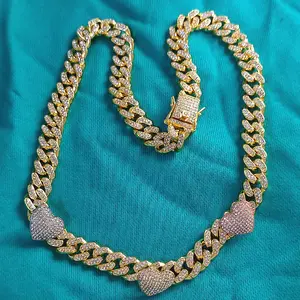 12MM Newest Design Full Diamond Heart Cuban Chain Necklaces Bling Bling Iced Out Heart Charm Cuban Link Charm Necklaces