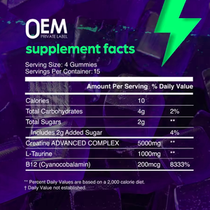 Private Label Muscle Building <b>Creatine</b> Monohydrate Gummy Halal Vegan 5000mg Pre Workout Muscle Growth Energy Boost Supplement - Product Image 2