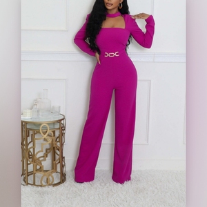 Mono elegante de mujer con cuello tipo bufanda, manga larga y pierna ancha, a la moda - Product Image 1