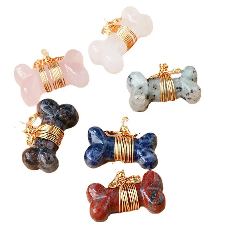 Tự Nhiên Khắc Pha Lê Thủ Công Mỹ Nghệ Đồ Trang Sức Rõ Ràng Rose Quartz Dog Xương Hình Pha Lê Mặt Dây Chuyền