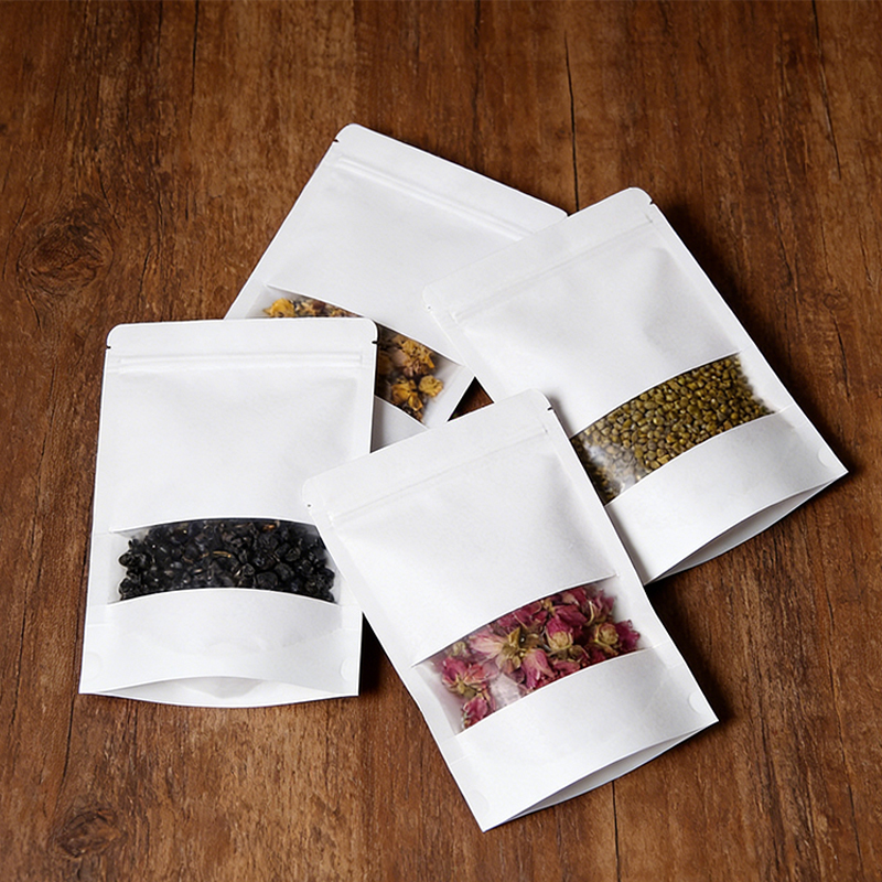 Custom Moisture Proof Reusable Windowed White Kraft Paper Bag UV Printing Waterproof Stand up Bag Food Grade Material