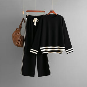 طقم نسائي غير رسمي بنمط سادة للخريف والشتاء من قطعتين كنزة صوفية فضفاضة محبوكة بنطال علوي واسع الساق بنطال مشترك طقم Ord - Product Image 6