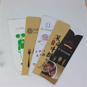 Özel baskılı Logo eko paket ambalaj zarf çanta kağıt çatal kollu restoran çubuklarını kaşık bıçak ve çatal