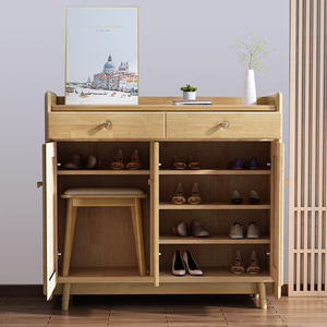 Nordic Solid Wood <b>Shoe</b> Cabinet Natural Color 3 Door Storage Living Room Entryway Cabinet - Product Image 2