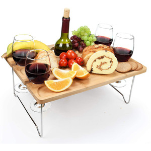 Creative Bamboo and Wood 4-Person Picnic <b>Table</b>, Square Wine Glass <b>Table</b>, Beach <b>BBQ</b> <b>Outdoor</b> Camping Portable Folding Wooden <b>Table</b> - Product Image 1