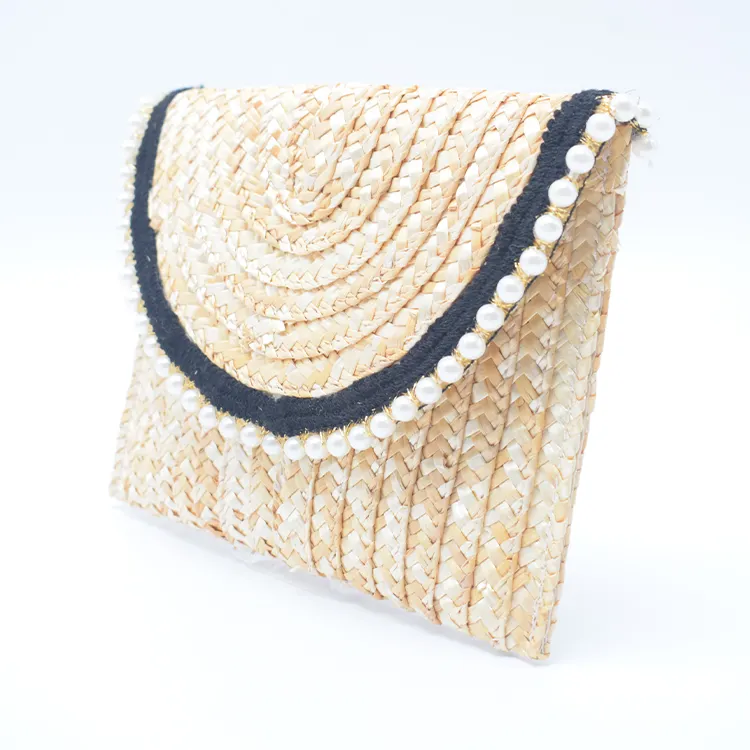 Bolsos de playa de verano de fábrica, bolso de paja de trigo tejido a mano con perla, bolso de mano de paja tejido para mujer