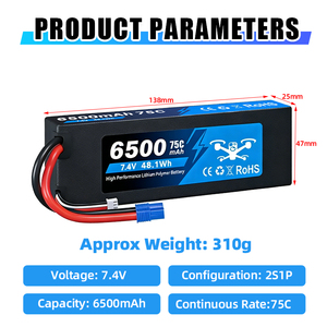 Baterai Mobil RC 7.4V 6500mAh 75C Daya Tinggi LiPo Hard Case Pack untuk Model RC 1/10 - Kompatibel dengan Konektor TRX & EC3 - Product Image 2