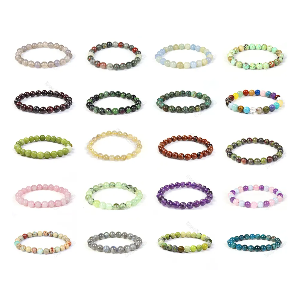 8MM Wholesale Natural Stone Bracelets Gemstone Healing Quartz Crystal Bracelet with Alloy For Woman Jewelry