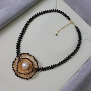 Handwoven <b>Choker</b> Necklace 14K Gold Filled, 11-12mm High Luster Natural Edison Pearl, Heavy Craft Black Spinel Statement Necklace - Product Image 3