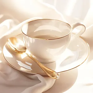Inventario al contado, venta al por mayor, taza de café y platillo de porcelana con borde dorado de estilo británico europeo, juego de taza de té de cerámica de porcelana de alta gama