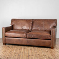 Amerikanisches Vintage L-förmiges Holz-Leder Dreisitzer-Sofa Ölgewachst Wohnzimmer Villa Hotel Zigarrenbar