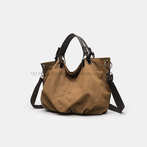 Sac fourre-tout rétro tendance en gros pour femmes, sacs à main grande capacité en toile avec fermeture éclair et coutures, sacs à bandoulière pour dames - Product Image 2