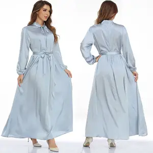 Spot Dubai Satin Long Dress Blouse Imitation Silk Big Swing Muslim Dress Women Turkey Abaya Robe