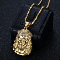 Collier pendentif tête de Jésus en acier inoxydable Novirassine, couronne d'épines, cristal, bijoux religieux, cadeau, accessoire hip-hop, fête