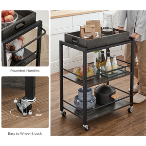 Chariot <span class=keywords><strong>de</strong></span> <span class=keywords><strong>cuisine</strong></span> moderne <span class=keywords><strong>VASAGLE</strong></span> à 3 niveaux en métal sur roulettes avec rangement pour la maison, l'hôtel et la salle à manger - Product Image 4