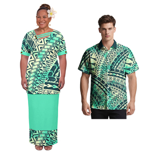 Ensemble de vêtements de couple au design tendance : Chemises classiques <span class=keywords><strong>pour</strong></span> hommes et Puletasi élégant <span class=keywords><strong>pour</strong></span> femmes, ensemble 2 pièces, tenue de couple polynésienne. - Product Image 3