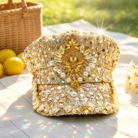 Chapeau de Capitaine Personnalisé Unisexe Décontracté de Plage, Or, Paillettes, Perles, Strass, Gemmes, Fournitures de Fête de Luxe pour Burning Man, Vente en Gros, MOQ 3
