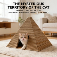 Lit pour chat en forme de pyramide en carton, avec griffoir surélevé tridimensionnel et baguette de jeu à ressort, pour jouer et dormir en intérieur