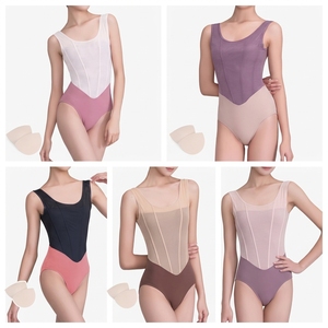 Two Tone Mesh Spliced Sleeveless Adult Ballet Leotard <b>Deep</b> U Back Women Dance Bodysuit for Professional Ballet Training - Product Image 3