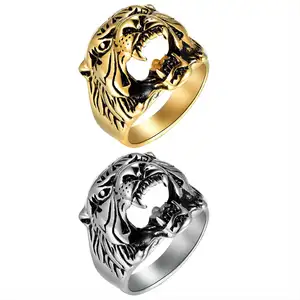 Productos de tendencia Anillos de cabeza de tigre Bijou Anillo de animal espiritual gótico punk de acero inoxidable chapado en oro de 18 quilates para hombres