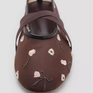 New Chinese Style Mesh Embroidery Flower Round Toe Ballet Style Cross Strap Ballet Shoes <b>Flat</b> Breathable Mary Jane <b>Flats</b> - Product Image 1