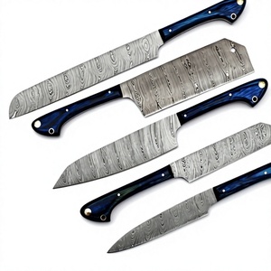 Juego de 5 Cuchillos de Cocina Hechos a Mano de Acero de Damasco con Hoja Recta y Punta Caída, con Mangos de Madera Azul, Personalizables OEM/ODM/OBM - Product Image 1