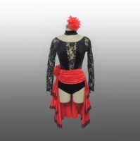 Robe de bal pour fille, robe de danse lyrique et latine, robe de compétition, Vestidos De Baile, dentelle noire, manches longues, justaucorps de gymnastique, robe rouge au genou